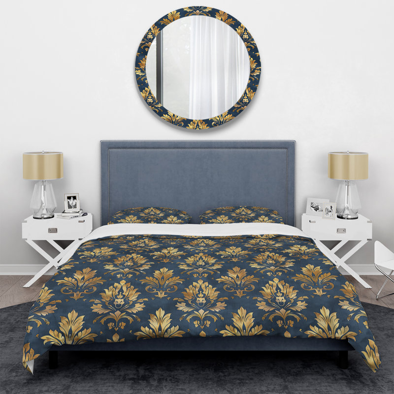 Blue Gold Timeless Damask Art I - Ensemble de housse de couette transitionnel