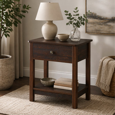 End Table With Drawer, Side Table With Top And Bottom Shelf For Small Spaces, Dark Brown