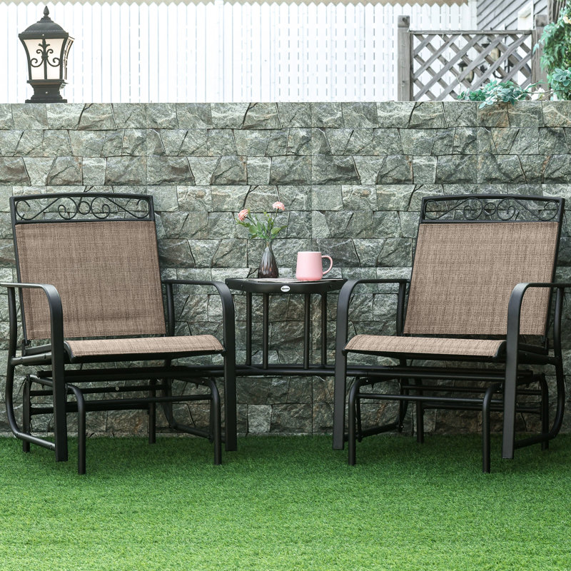 Backyard 2 Glider Chair With Coffee Table - Rocking For Garden, Porch Breathable Sling, Steel, Brown Finish Center
