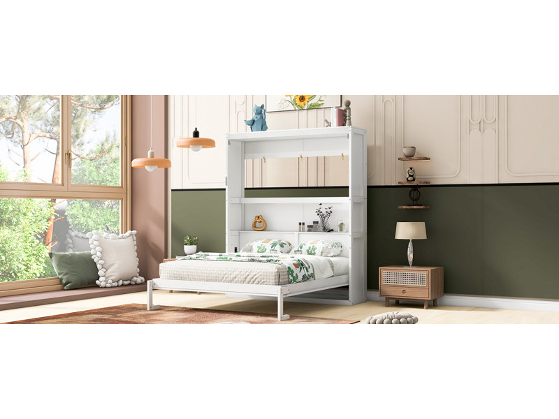 Grand lit escamotable mural avec tablettes, blanc