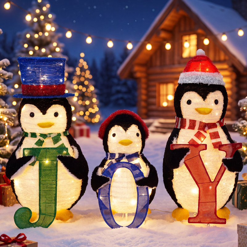 Ensemble de 3 décorations de Noël de famille de pingouins illuminées avec des lettres J-O-Y
