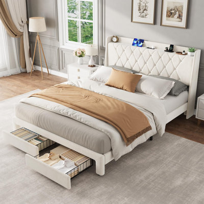 80 x 56 x 46 in. Full Metal Platform Bed with Pull Out Trundle and 2 Storage Drawers, Diagonal Pattern Bed Frame with Slats for Bedroom Guest Room Kids Apartment Room, Cream