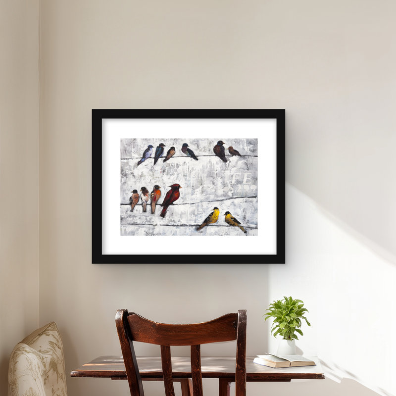 «Colorful Birds on Branches - Red Living Room», reproduction encadrée