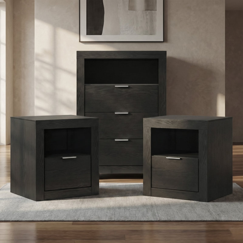 Table de chevet et commode 3 pièces Hildebran, Noir