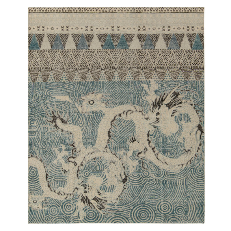 Distressed Dragon Rug In Blue, Gray & Black Pictorials By Rug & Kilim, Rectangle 10' x 14'