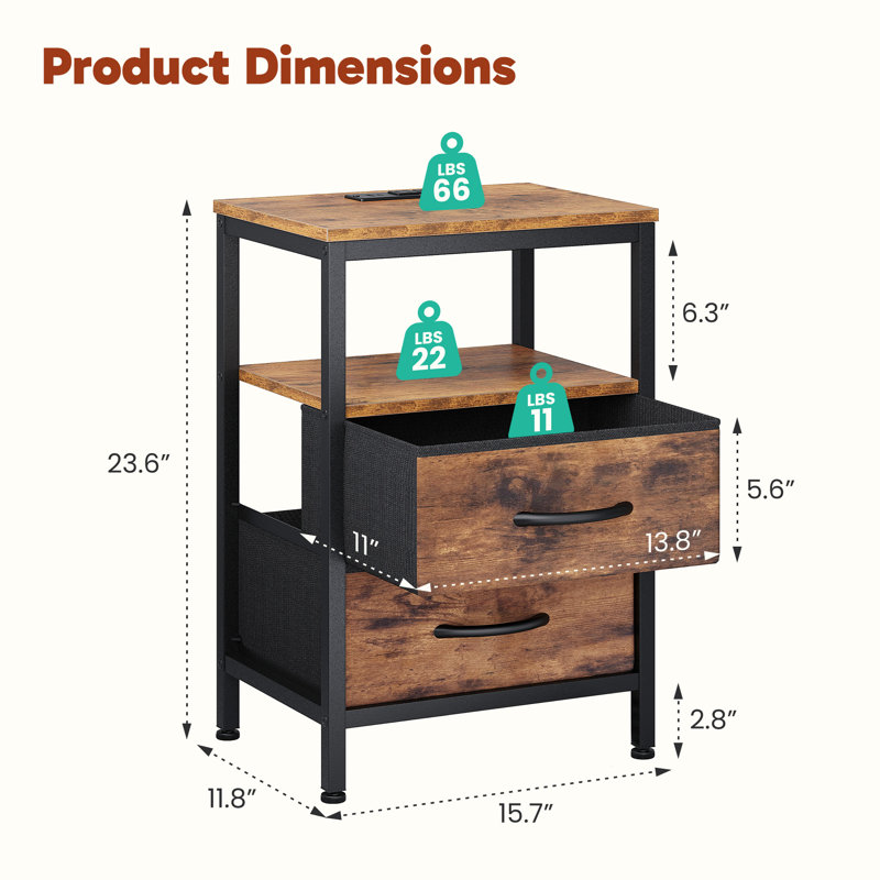 Nightstand with Charging Station and 2 Fabric Drawers, Bedside Table with USB Ports and Outlets, End Table with Open Shelf, 2