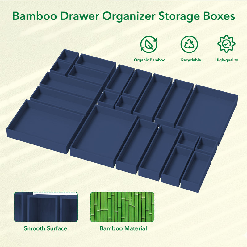 21-Piece Bamboo Drawer Organizer Set, Multi-Use Wood Tray Divider Bins for Kitchen, Bathroom, Office Desk and Makeup Organization
