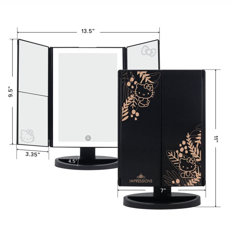 Hello Kitty Trifold LED Tri Tone Makeup Mirror with Magnification, Portable Lightweight Design, Black
