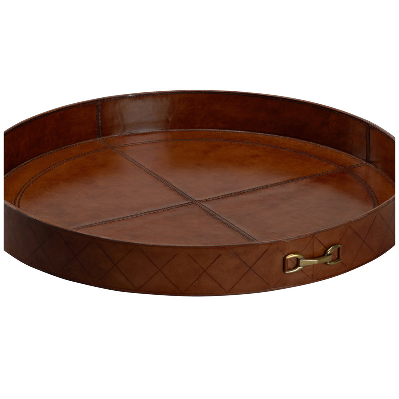 Plateau rond en cuir avec métal, H 2,5 po x l 22 po x P 21 po