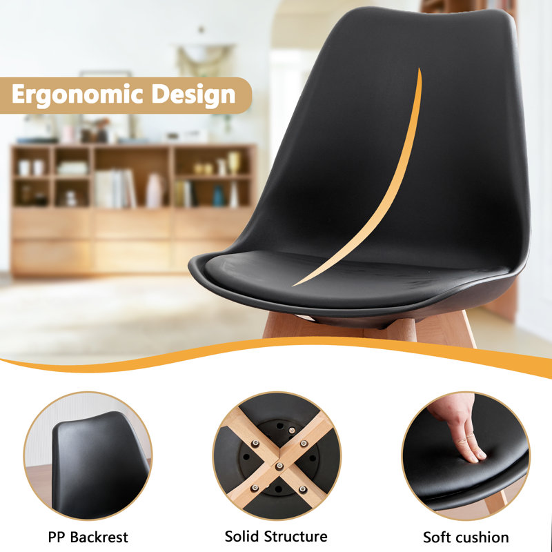 42.5cm Modern style Dining Chair, Padded Plastic Side Chair with Solid Wood Legs, Black, 4