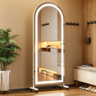 Miroir complet, miroir à DEL arqué sur roulettes - température de couleur et luminosité réglables, miroir sur pied avec roulettes, convient aux chambres à coucher, aux studios de yoga et aux gymnases à domicile
