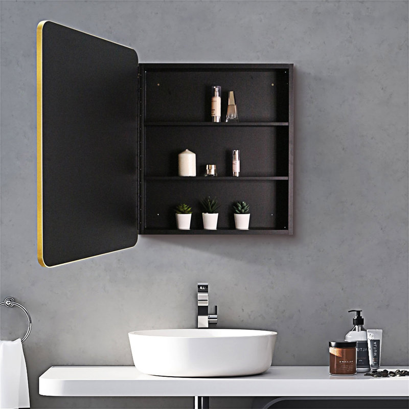 Armoire à pharmacie murale ou encastrée pour salle de bain avec miroir, Or / noir mat, H 28,01 po x l 20,01 po x P 4,91 po