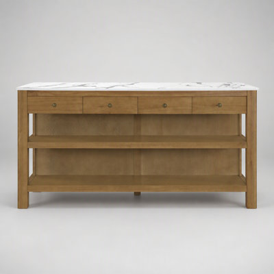 Rustic Pine and MDF Kitchen Island with Marble-Look Top, 4 Drawers and Open Shelves