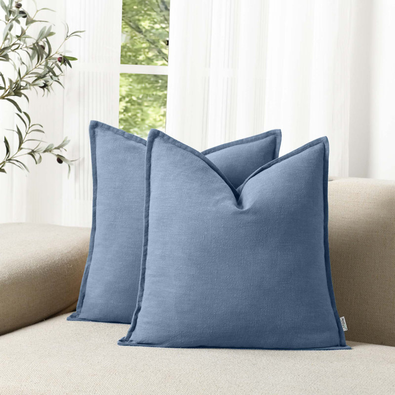 Boho Farmhouse Pillow Cover Soft Boho Farmhouse Washed Linen Textured Cotton Throw Pillow Covers, Square 22", Blue