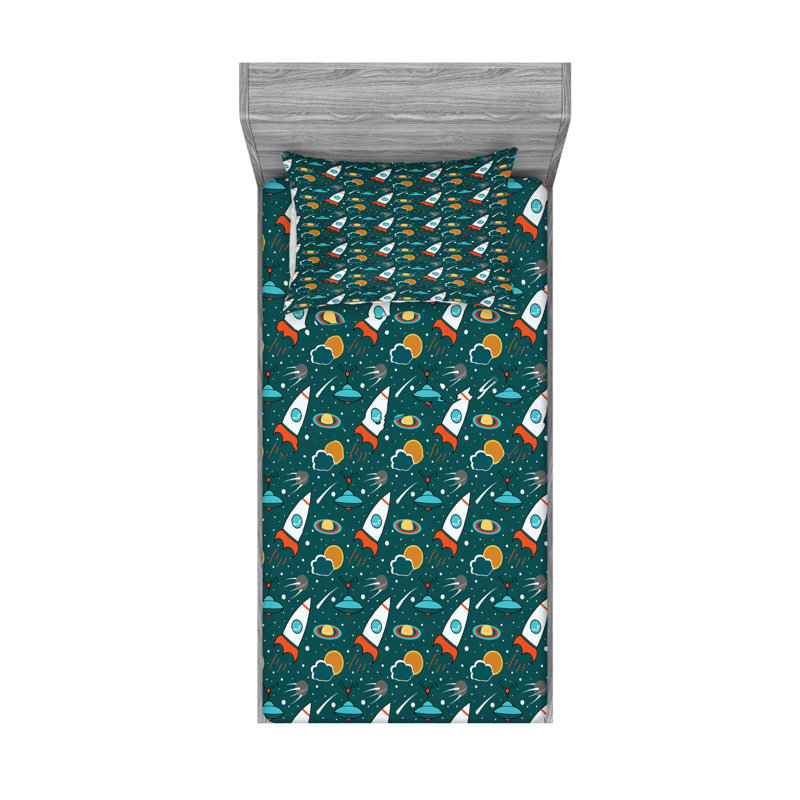 Microfiber Sheet Set, Twin XL Sheet Set with 1 Pillowcase, Green Spaceship