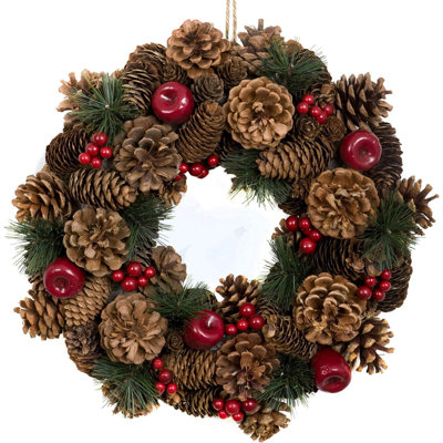Christmas Hanging Wreath Large - Festive Pine Cone Display with Red Berries