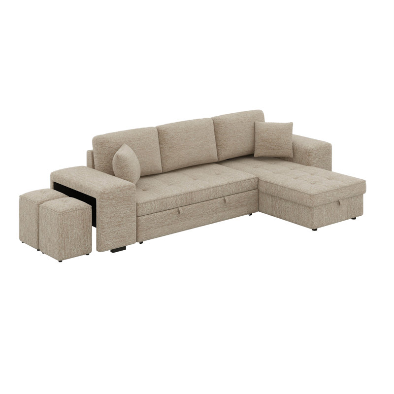 Canapé modulaire en L avec méridienne de rangement et 2 tabourets, lit escamotable, canapé réversible en chenille 3 places avec accoudoirs de rangement
