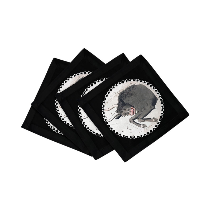 Zodiac Taurus Cotton Sateen Cocktail Napkins, Black