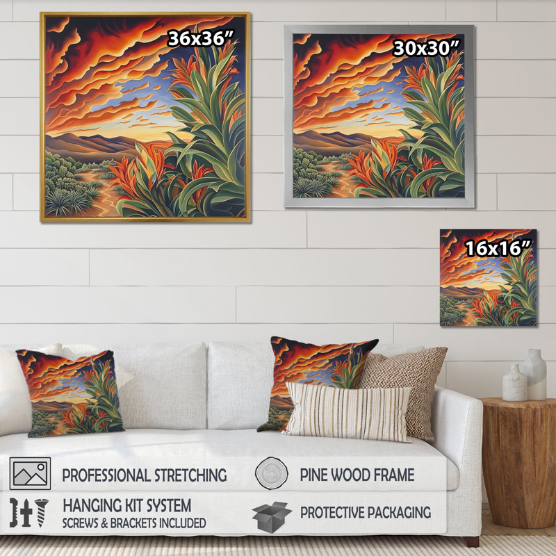 Cactus mexicain, paysage II - impression de cactus floral, Impression dans un cadre flottant sans passe-parto, Blanc