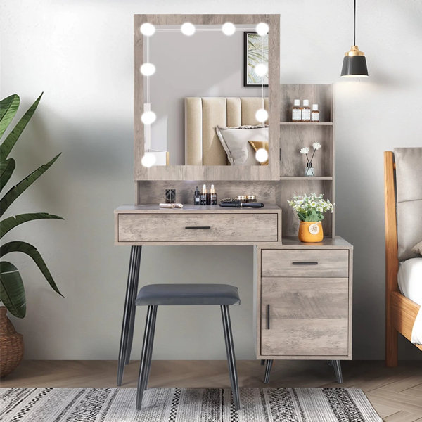 44 Wide Vanity Makeup Desk with Mirror, Vanity Desk with 5 Sliding Drawers & Storage Shelves Latitude Run Color: Gray