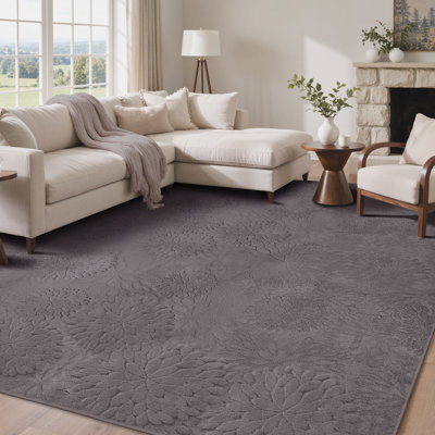 Liverpool Solid Floral High Low Pile Soft Plush Textured Washable Non-Slip Gray Indoor Area Rug