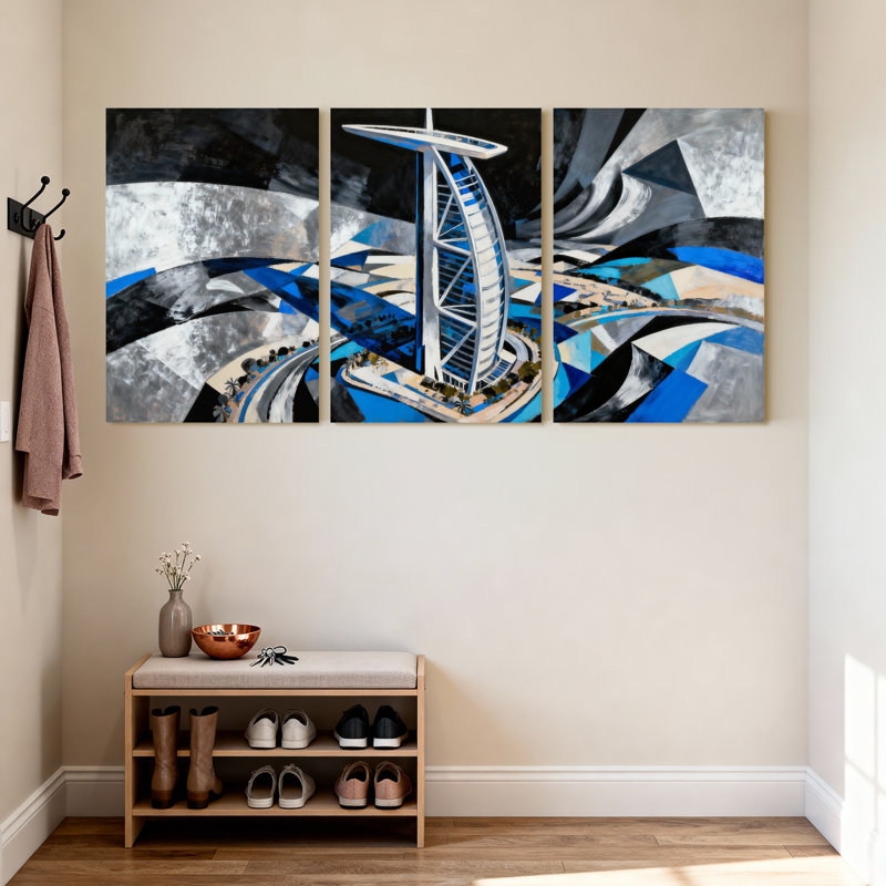 Ensemble de 3 reproductions d'art sur toile abstraites, "Skyline", villes et pays, H 18 po x l 36 po