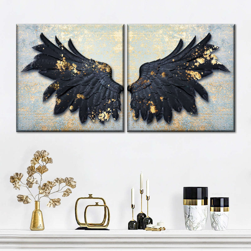 " Gold Flecks Black Angel Wings " 2 - Pieces, 18" H x 37" W x 1.25" D