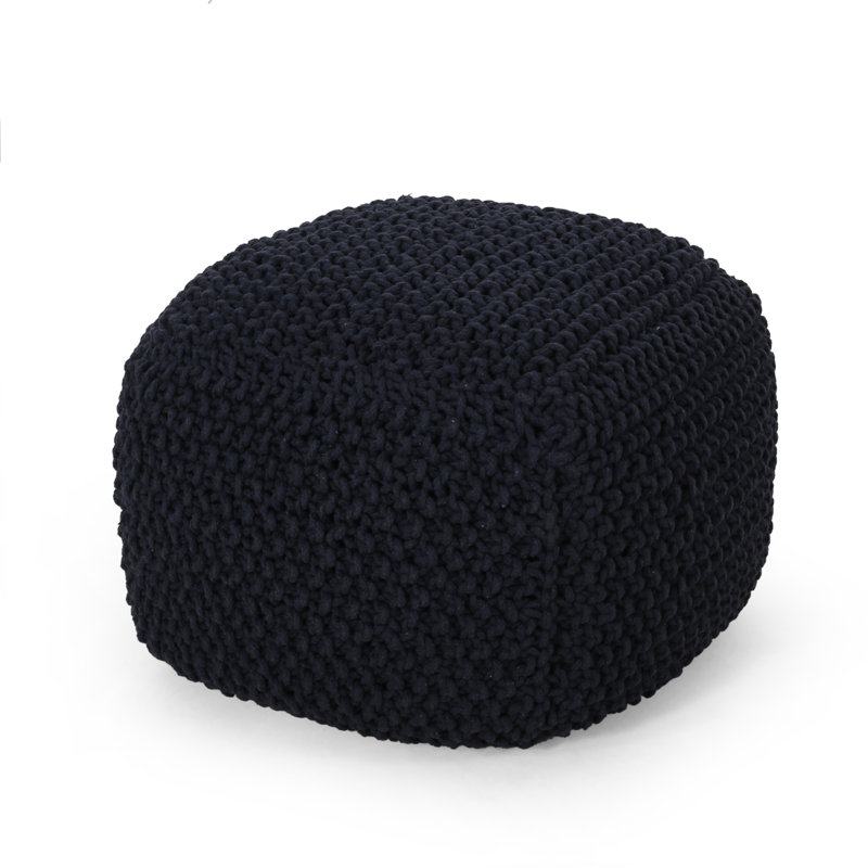 Corin 20.5" Wide Cotton Knit Square Pouf, Dark Blue