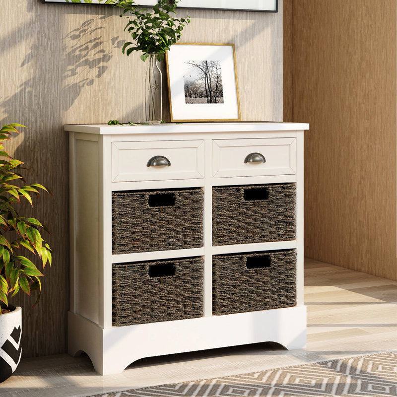 Rustic Storage Cabinet with Two Drawers and Four Classic Rattan Basket Accent Cabinet, White