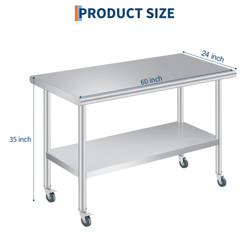 Table de préparation extérieure en acier inoxydable - table de travail commerciale robuste, coins arrondis, tablette inférieure réglable, 4 roulettes - station de préparation alimentaire durable pour restaurant, cuisine de patio