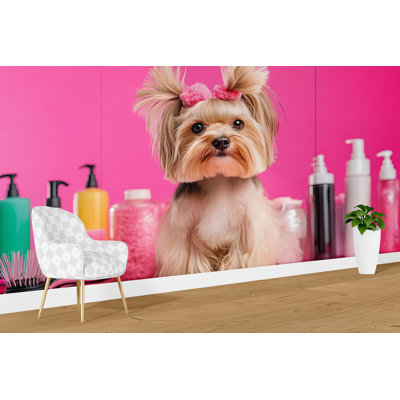 Yorkshire Terrier Dog Wallpaper – Cute Puppy With Pink Background Print – Grooming Room Decor For Pet Salon, Dog Lover Gift Or Kid’S Room Decoration ,