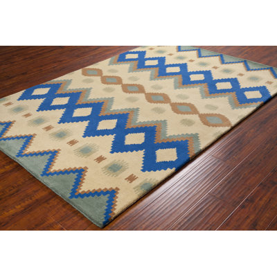 Tapis en laine de style sud-ouest à motif ikat beige, bleu, vert et orange touffeté à la main Ailey Authentic