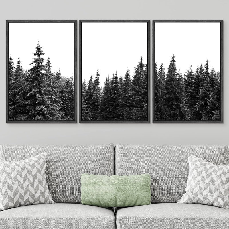 "Woodland Nursery Decor" noir et blanc, forêt, photo, nature, illustrations abstraites encadrées sur toile, 3 pièces