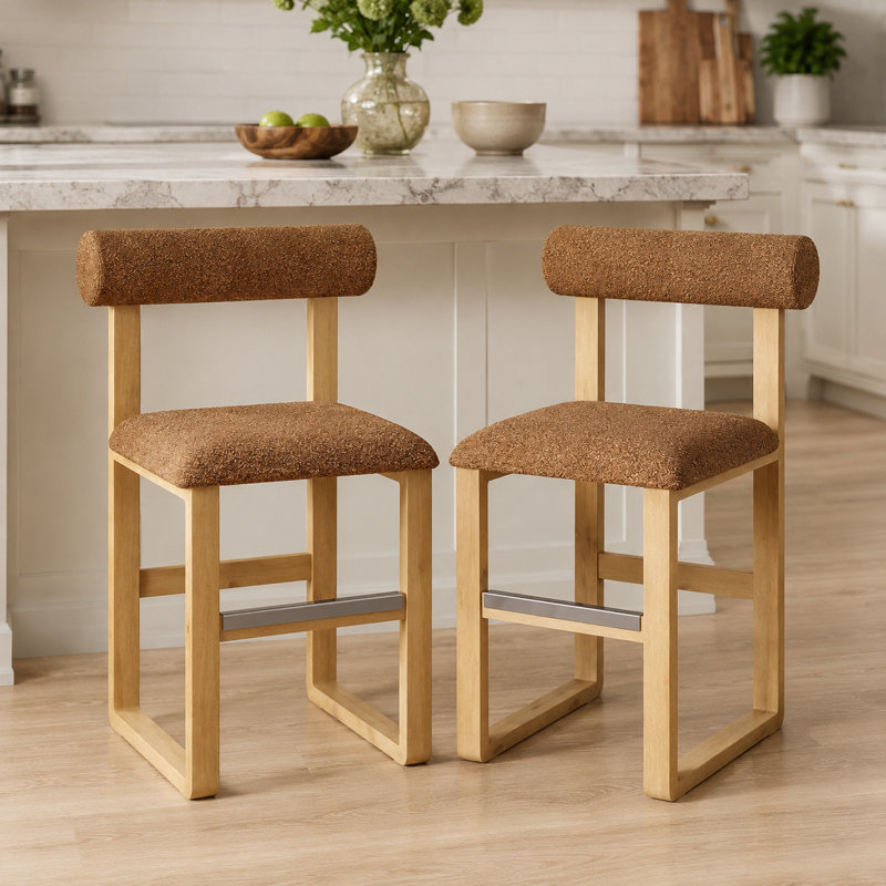 Brayden Upholstered Bar & Counter Stool with Wooden Sled Base, Counter Stool (24.5” Seat Height), Yellow, Orange