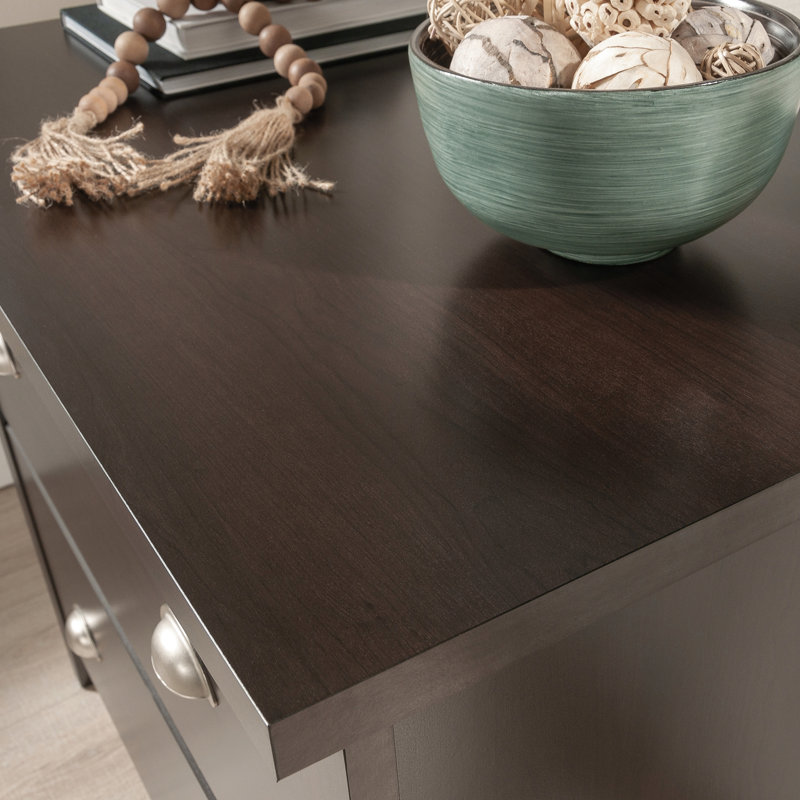 Classeur latéral avec finition brune, design élégant pour l'organisation de l'espace de travail, deux tiroirs de format lettre, dossiers suspendus légaux et européens, verrouillage pour éviter les échecs de tiroir, bureau complémentaire