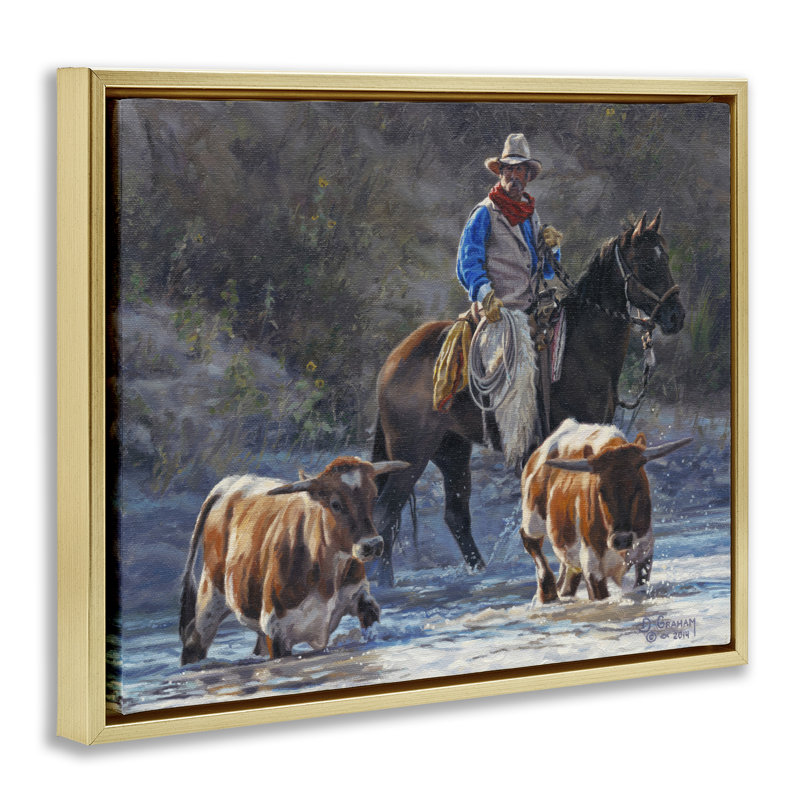 «Cowboy Crossing River», art mural encadré par David Graham, Or, H 17 po x l 21 po