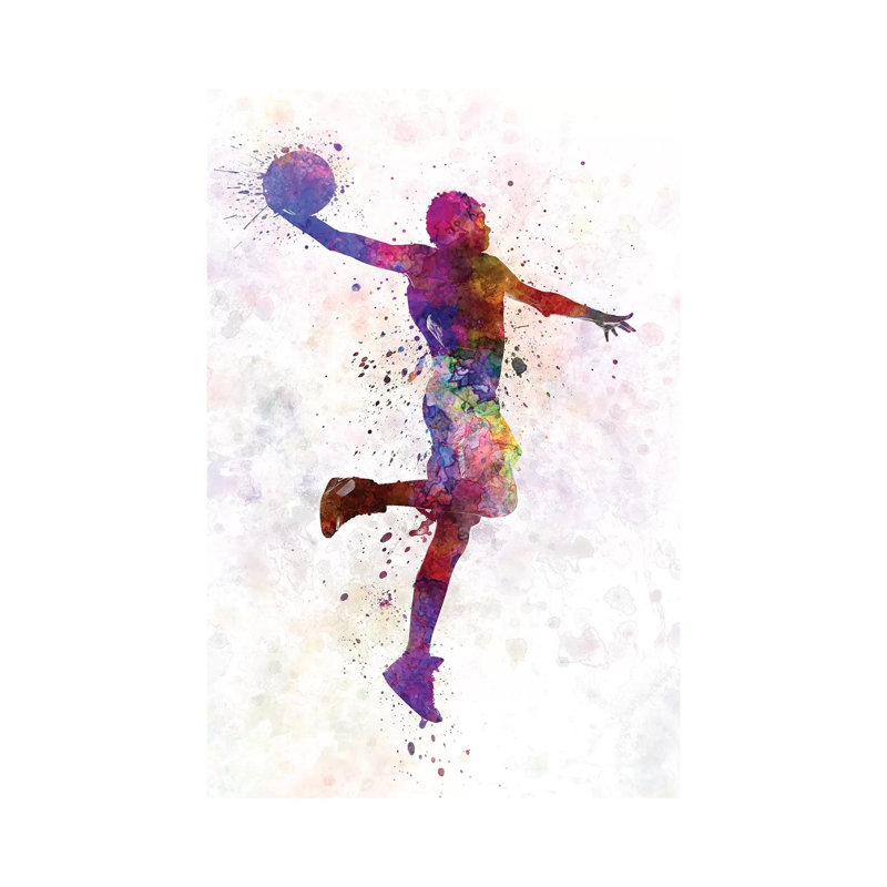 Young Man Basketball Player One Hand Slam Dunk by Paul Rommer - Painting on Canvas, 30.48 cm H x 45.72 cm W, Wrapped Canvas