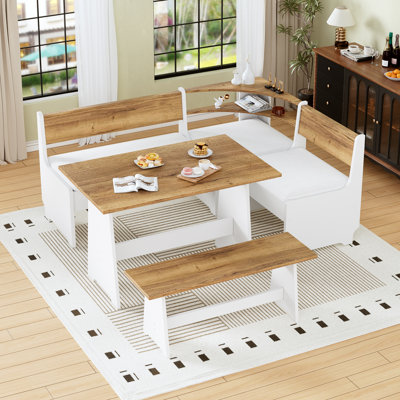 5-person Upholstered Corner Breakfast Nook Set With Hidden Storage, Farmhouse Wood Dining Table & L-shape Cushioned Benches For Kitchen, Space-saving Furniture
