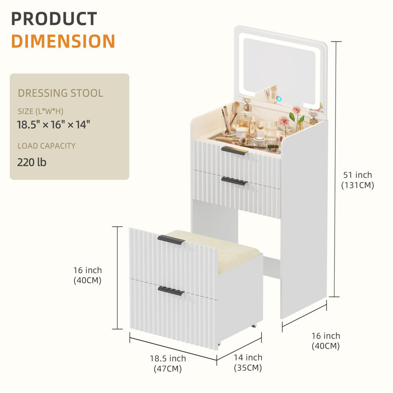 Compact Vanity Desk With Flip-up Led Mirror, Glass Drawer, And Hidden Stool Storage, White