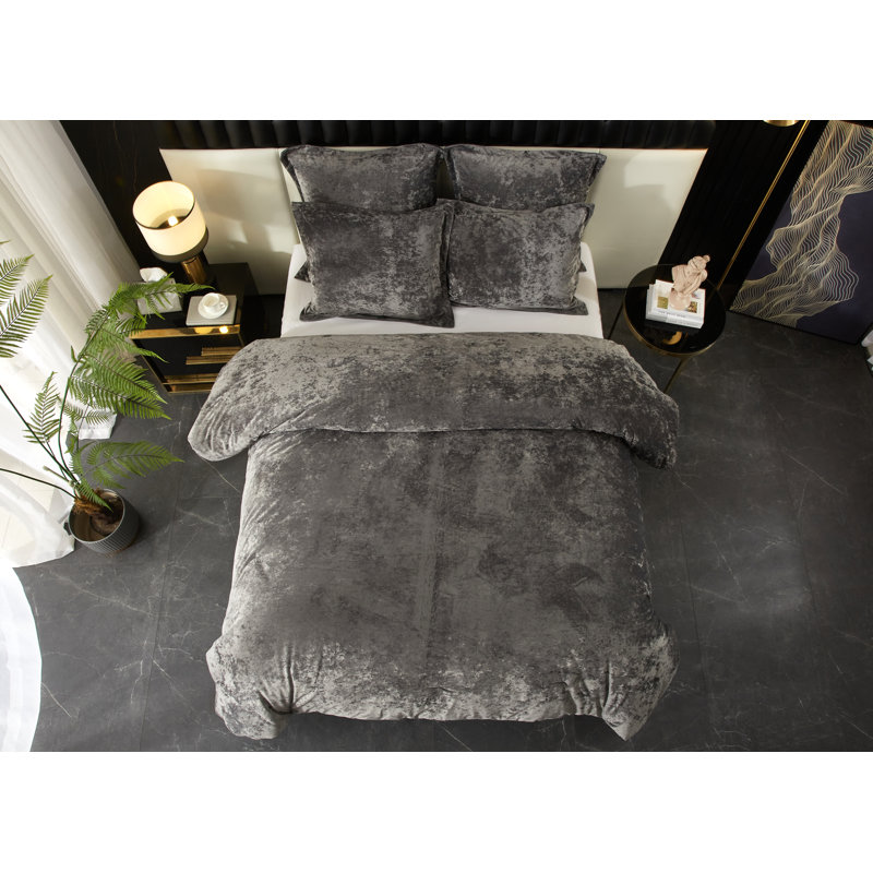 Ensemble d'édredon 100% velours gris Zera, Gris, Édredon de très grand lit + 4 pièces additionne