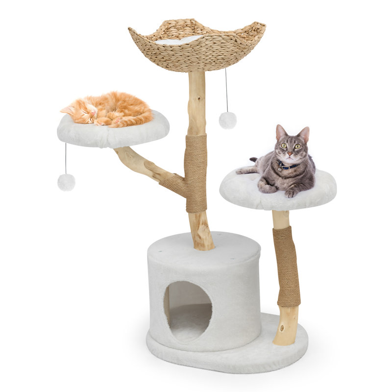 Tour d'arbre à chat moderne en bois véritable de 41 pouces pour chats d'intérieur, tour d'escalade en bois avec poteau à griffes et lit