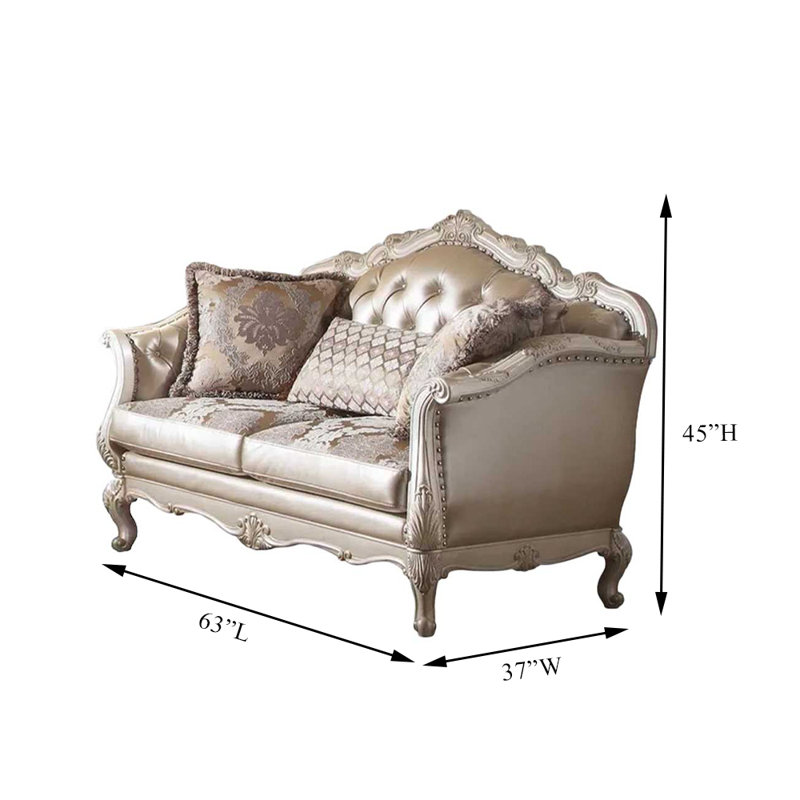 Caviness 63"L Rolled Armrest Loveseat with 3 Pillows in Rose Gold & Pearl White