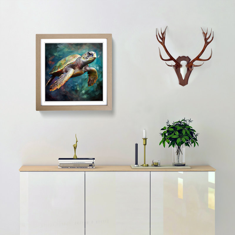 Sea Turtle Cubism No.2 - Single Picture Frame Print on Wood, Oak