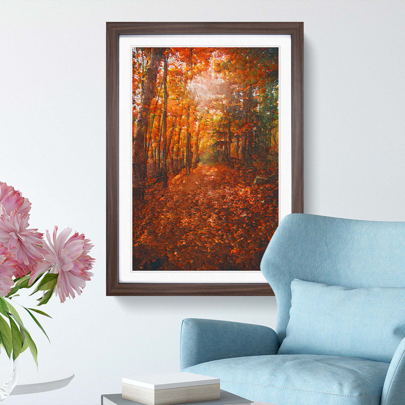 Autumn Forest Pathway In Abstract - Single Picture Frame Painting, 63cm H x 45cm W x 2cm D, Walnut Framed