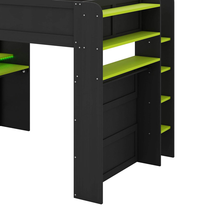 Lit superposé double en bois avec bureau, garde-robe, grand espace de rangement et lumière RVB, Vert