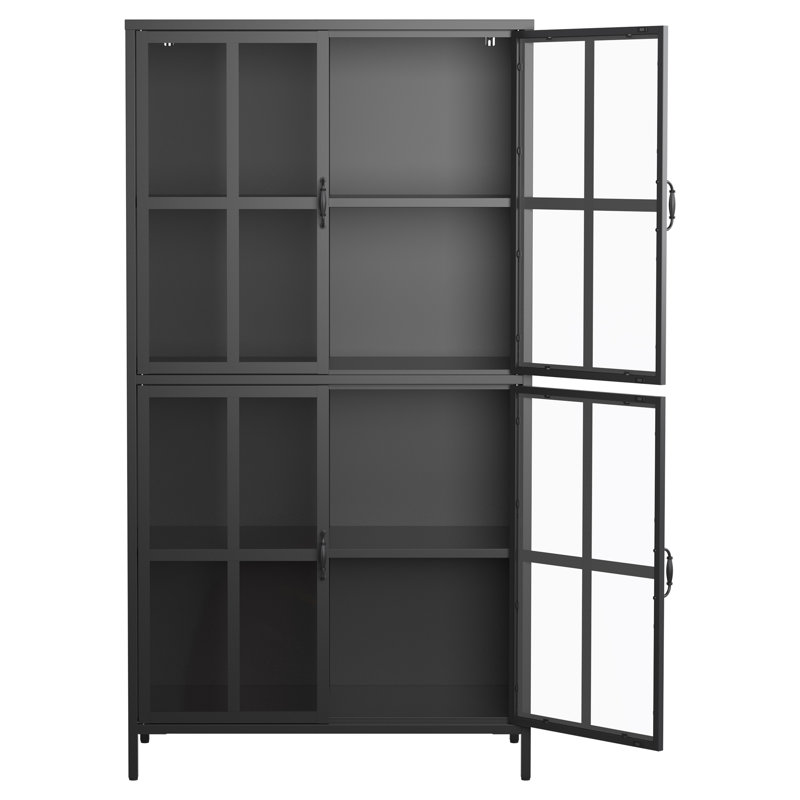 Armoire de rangement en métal noir de qualité supérieure avec portes en verre trempé, tablettes réglables, dispositif anti-basculement, fermeture silencieuse magnétique et pieds réglables pour la maison et le bureau