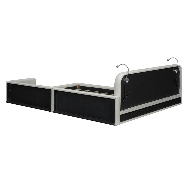 Grand lit plateforme tapissier avec 2 lampes de lecture, noir, Blanc