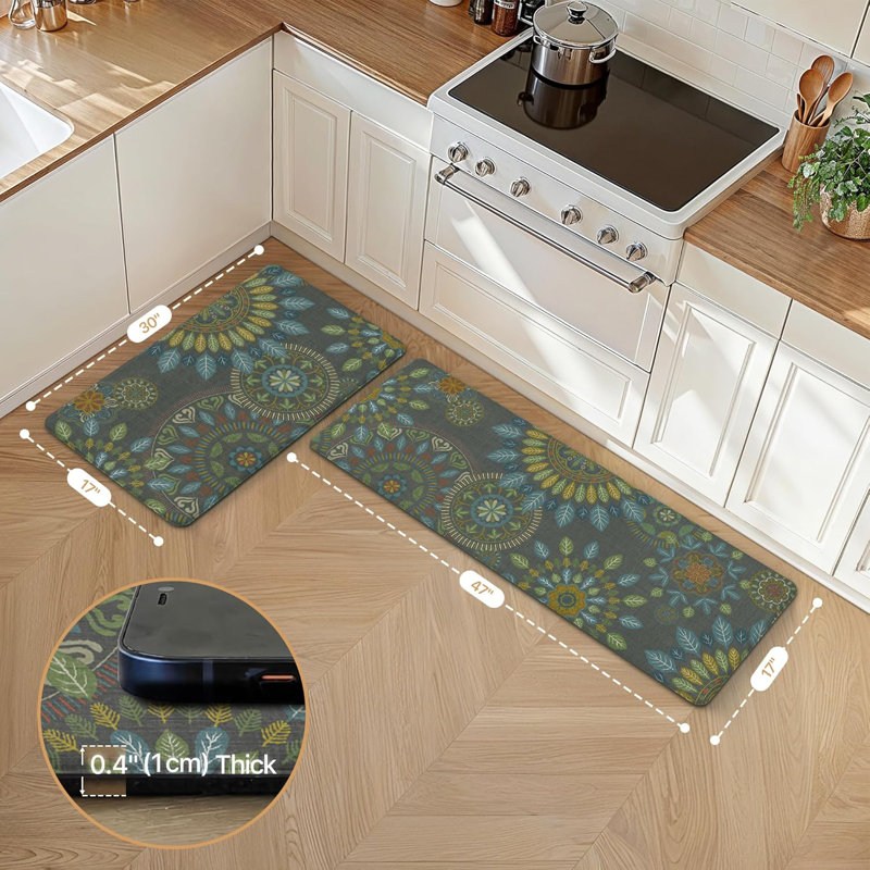 Tapis de cuisine imperméable anti-fatigue anti-dérapant, Brun clair / bleu / vert