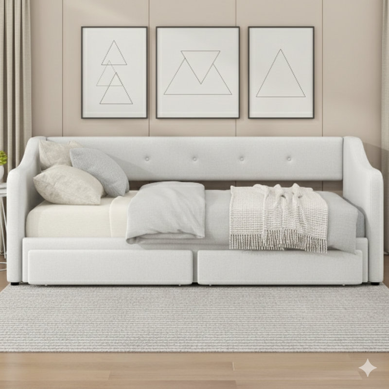 Twin XL To King-Sized Upholstered Daybed With Two Drawers. Available In Beige.