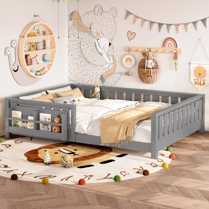Queen bed with built-in bookshelf and high-quality safety guardrail,Gray, Gray, Queen